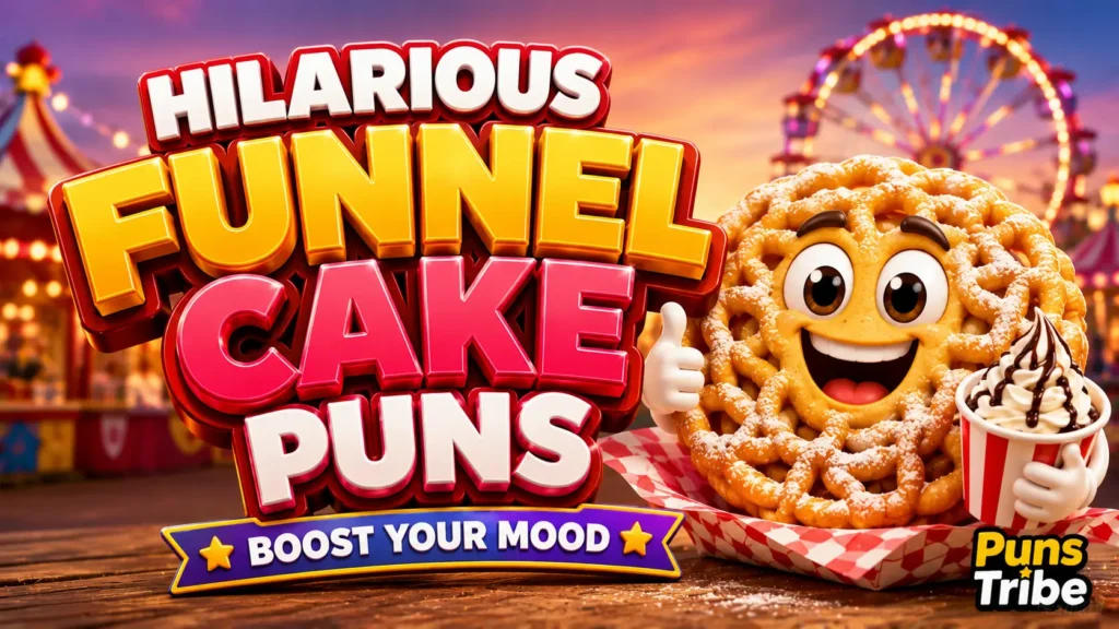 Funnel cake puns featured image with a cheerful carnival-themed funnel cake mascot