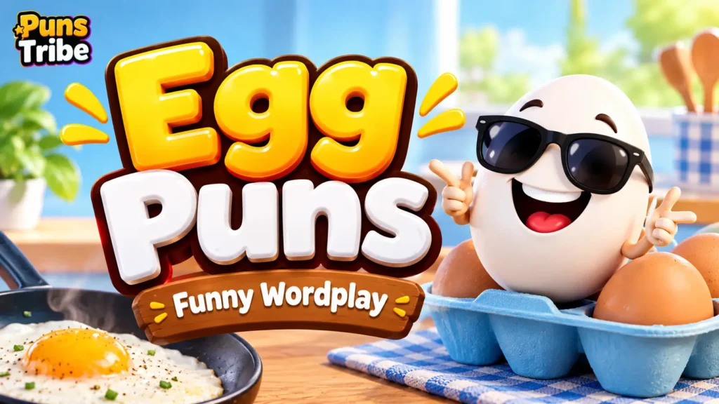 Funny egg puns featured image with a cheerful egg mascot and bold 3D typography
