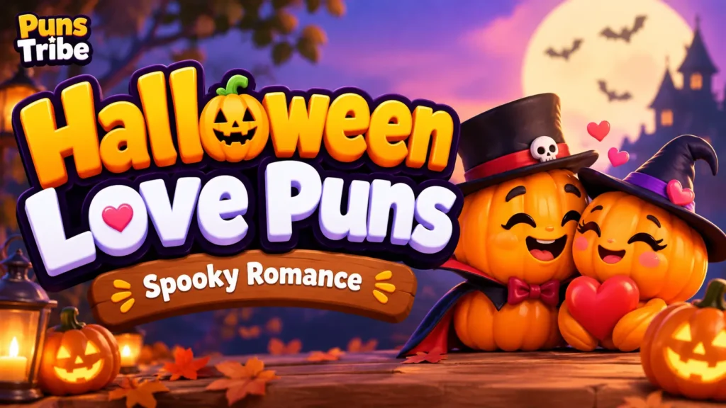 Halloween love puns featured image with romantic pumpkin characters and spooky decorations
