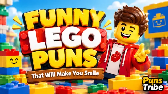 Funny lego puns featured image with colorful building bricks, bold 3D text, and a cheerful LEGO-style character