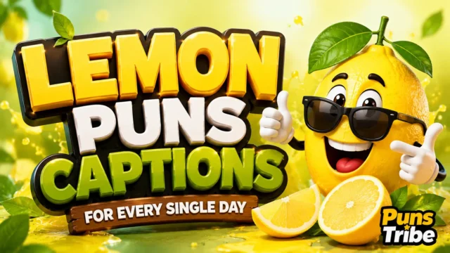 Lemon puns captions with a cheerful cartoon lemon and bold 3D typography
