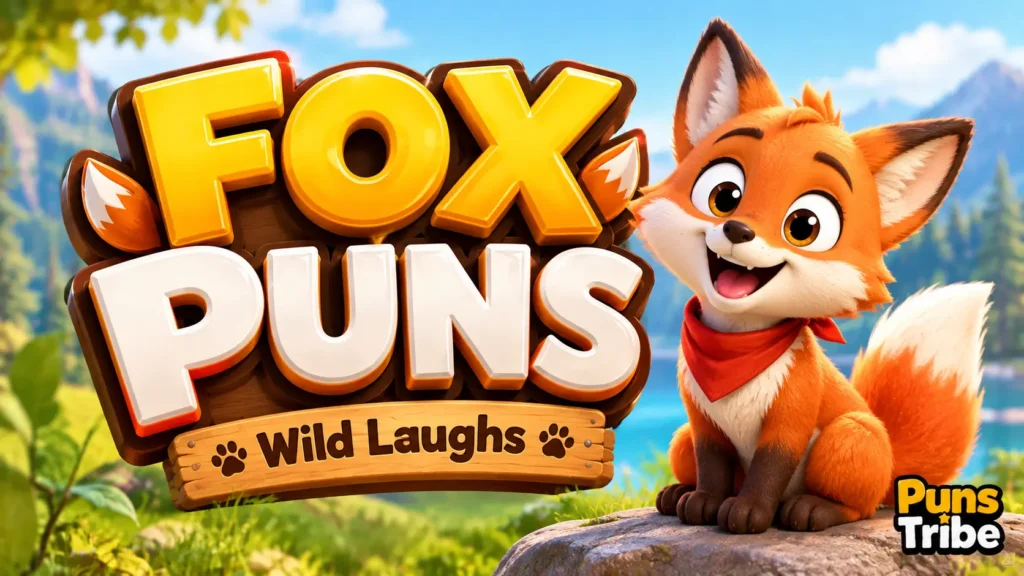List of fox puns featured image with a cheerful cartoon fox and bold 3D typography