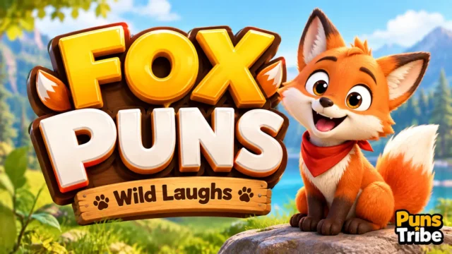 List of fox puns featured image with a cheerful cartoon fox and bold 3D typography