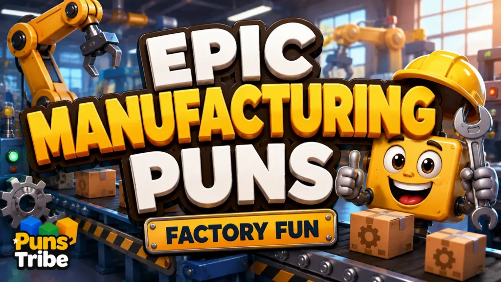 Manufacturing puns featured image with a cheerful factory robot, gears, and colorful machinery