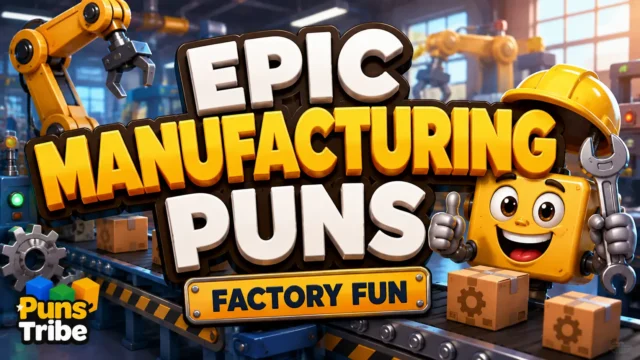Manufacturing puns featured image with a cheerful factory robot, gears, and colorful machinery