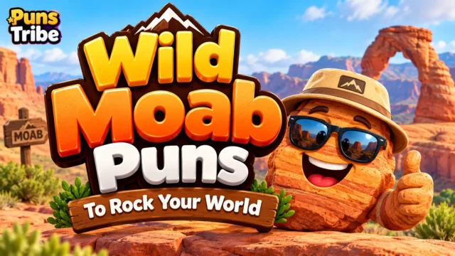 Moab puns featured image with a cheerful sandstone mascot and bold 3D typography.
