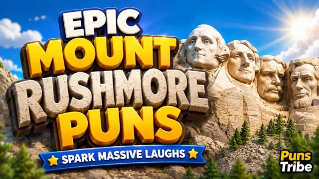 Mount Rushmore puns featured image with bold 3D typography and a fun mountain mascot