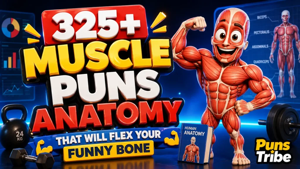 325+ muscle puns anatomy with a cheerful flexing muscle mascot and anatomy charts