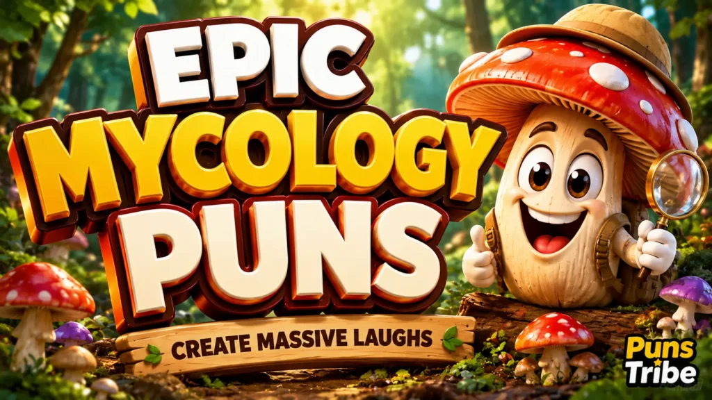 Mycology puns featured image with bold 3D mushroom typography and a cheerful mushroom mascot