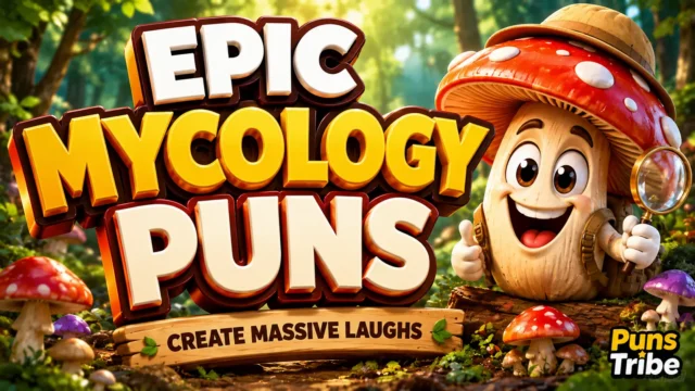 Mycology puns featured image with bold 3D mushroom typography and a cheerful mushroom mascot