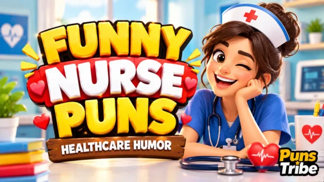 Funny nurse puns with a cheerful nurse, stethoscope, hearts, and bold 3D typography