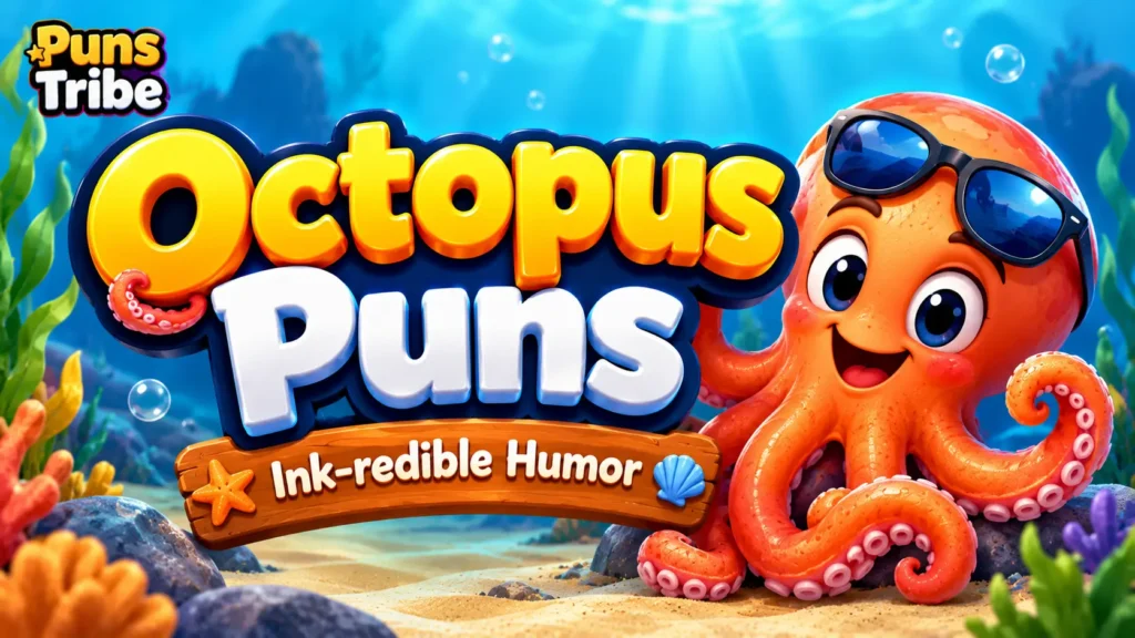 Octopus puns featured image with a cheerful octopus in sunglasses and bold 3D typography