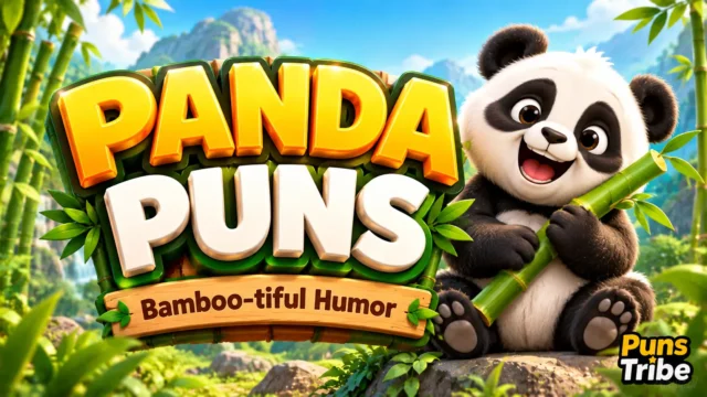 Panda puns featured image with a cheerful panda and bamboo forest