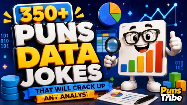 350+ puns data jokes featuring a cheerful data analyst mascot and colorful charts