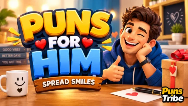 Puns for him with a cheerful man, hearts, gift box, and bold colorful typography