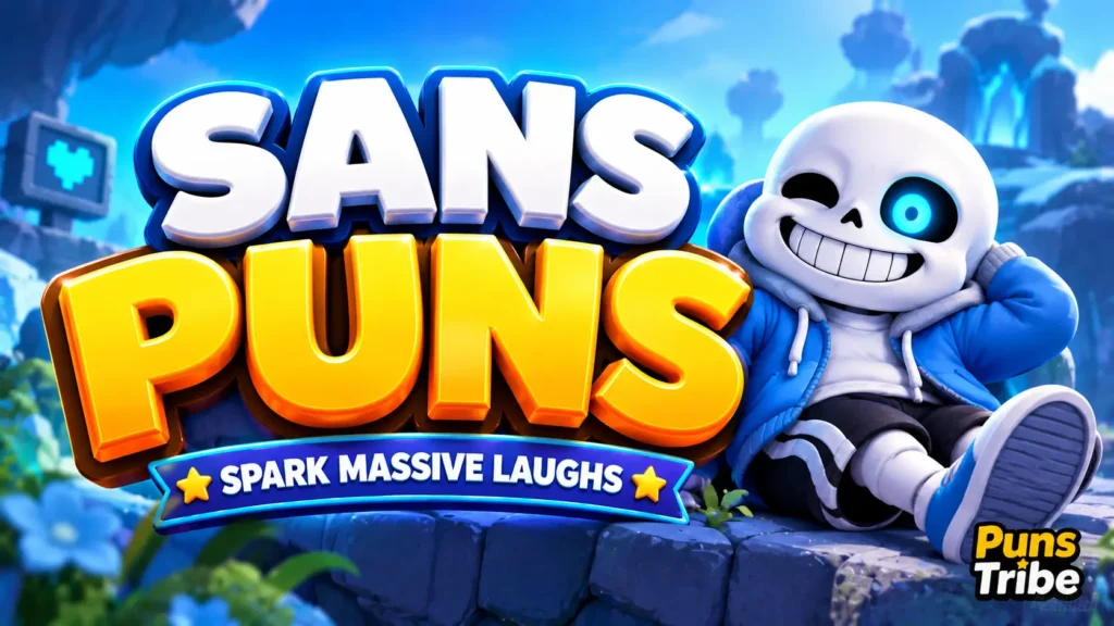 Sans puns featured image with a cheerful skeleton mascot in a bright fantasy setting