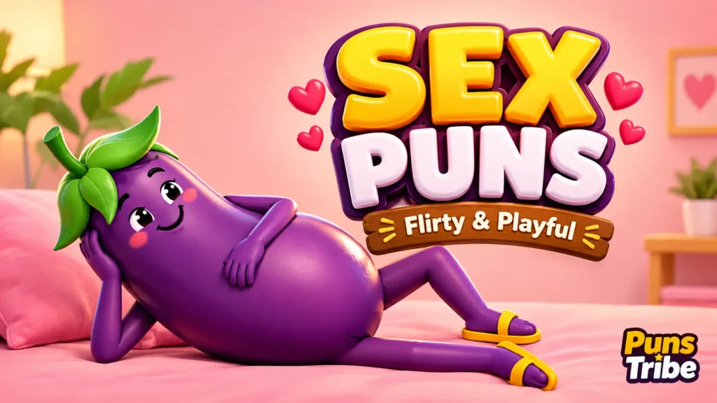 Sex puns featured image with a playful eggplant character, hearts, and bold 3D typography