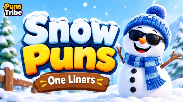Snow puns one liners featured image with a cheerful snowman in a snowy winter scene
