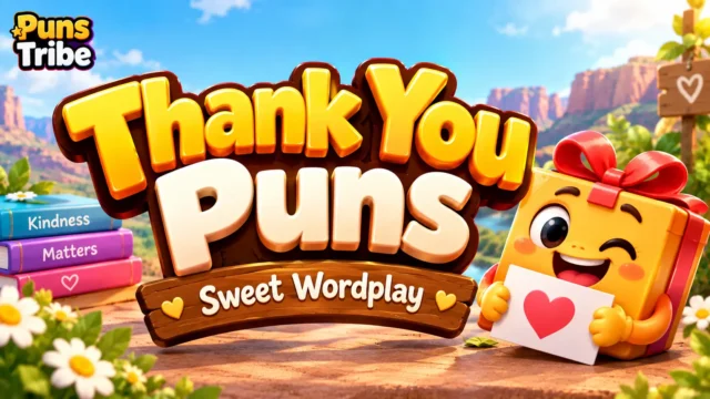 Bright featured image for thank you puns with a cheerful gift box mascot and colorful 3D typography