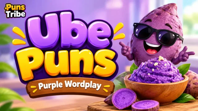 Ube puns featured image with a purple yam mascot and colorful 3D typography