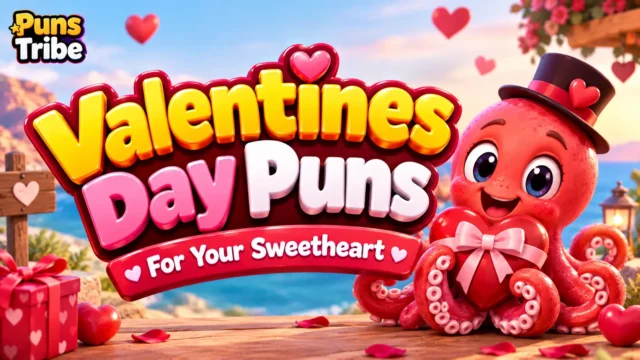 Valentines Day Puns with a cute romantic octopus and hearts