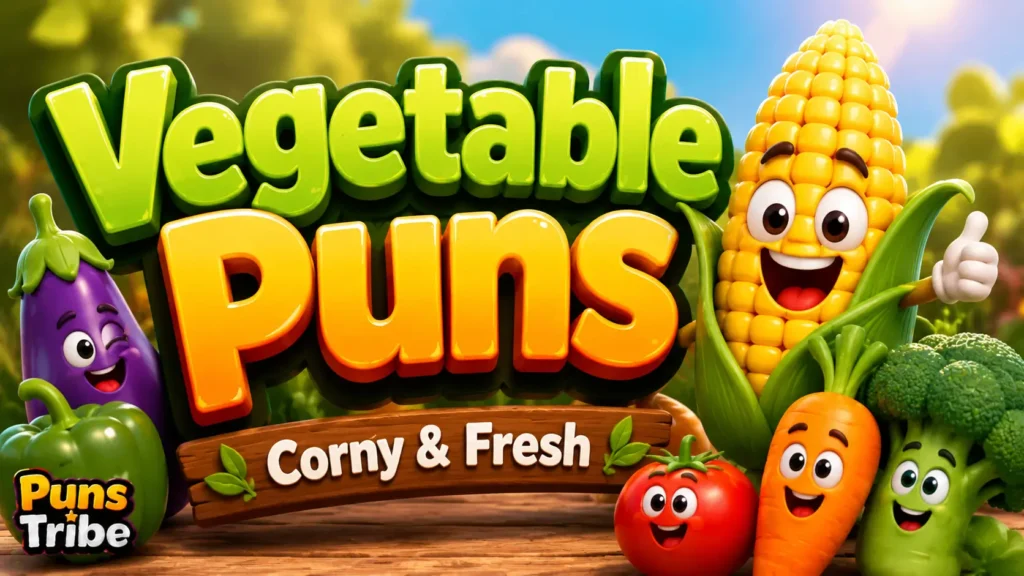 Vegitable puns featured image with colorful vegetables and bold 3D typography.