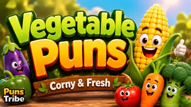 Vegitable puns featured image with colorful vegetables and bold 3D typography.