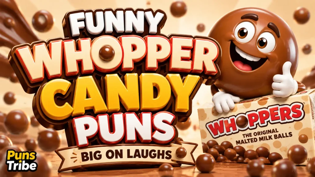 Whopper candy puns featured image with bold 3D candy typography and a cheerful chocolate mascot