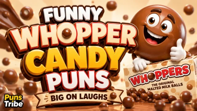 Whopper candy puns featured image with bold 3D candy typography and a cheerful chocolate mascot