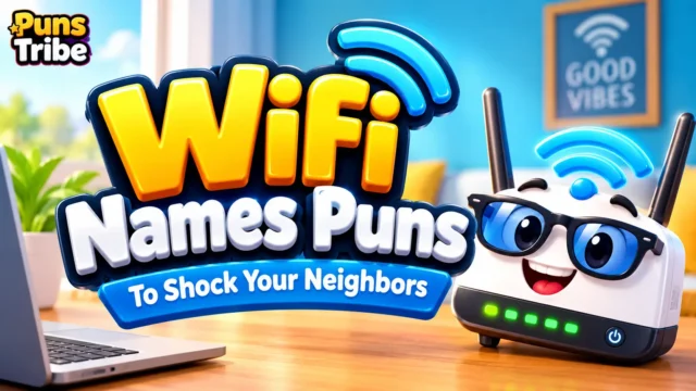 Wifi names puns featured image with a smiling WiFi router and bold 3D typography.