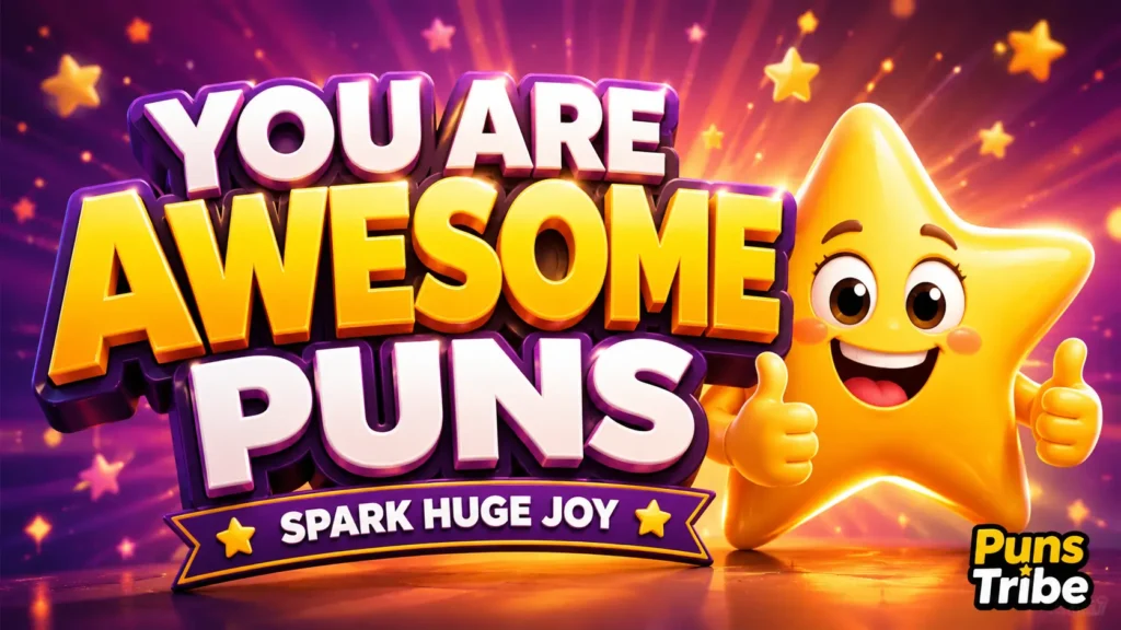 You are awesome puns featured image with bold 3D typography and a cheerful golden star mascot