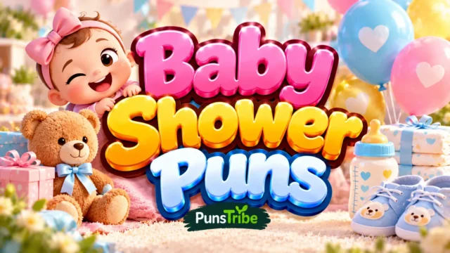 Baby Shower Puns featured image with colorful 3D typography, a smiling baby, teddy bear, and pastel gifts