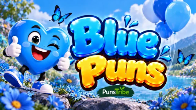Blue Puns featured image with a smiling blue heart mascot, blue balloons, butterflies, and glossy 3D typography