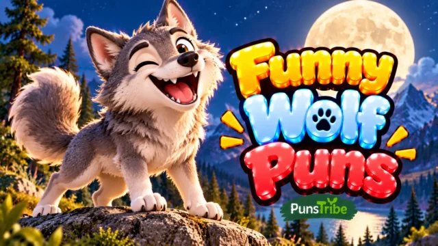 Funny Wolf Puns featured image with a cheerful gray wolf, full moon, mountain scenery, and glossy 3D typography