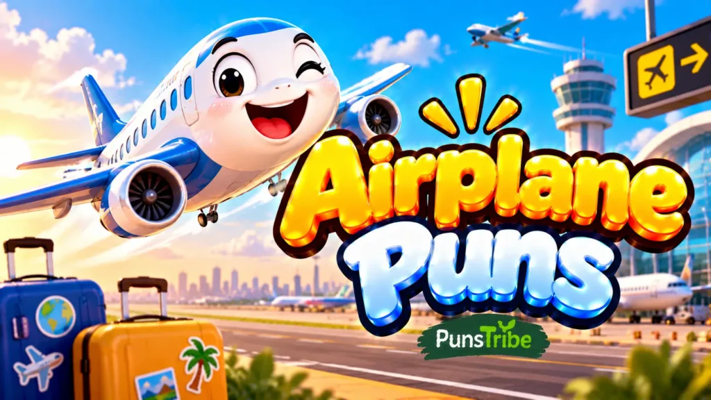 Airplane Puns featured image with a smiling airplane, airport terminal, travel luggage, and bold 3D typography