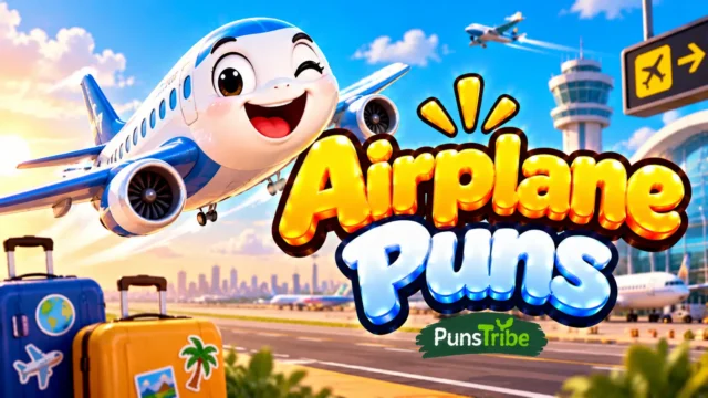 Airplane Puns featured image with a smiling airplane, airport terminal, travel luggage, and bold 3D typography