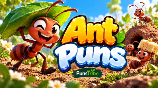 Ant Puns featured image with cheerful cartoon ants, a giant green leaf, and bold glossy 3D typography