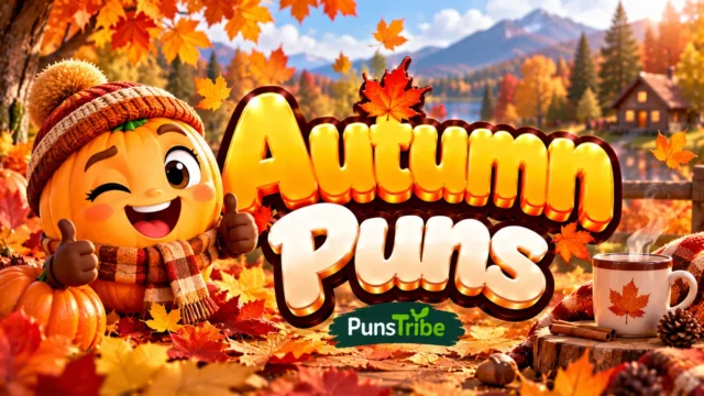 Autumn Puns featured image with a smiling pumpkin, colorful fall leaves, and bold glossy 3D typography