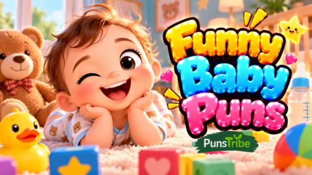 Funny Baby Puns featured image with a happy baby, teddy bear, yellow duck, colorful toys, and glossy 3D text