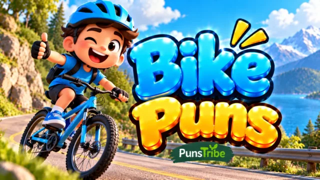 Bike Puns featured image with a cheerful cyclist, blue mountain bike, and bold glossy 3D typography