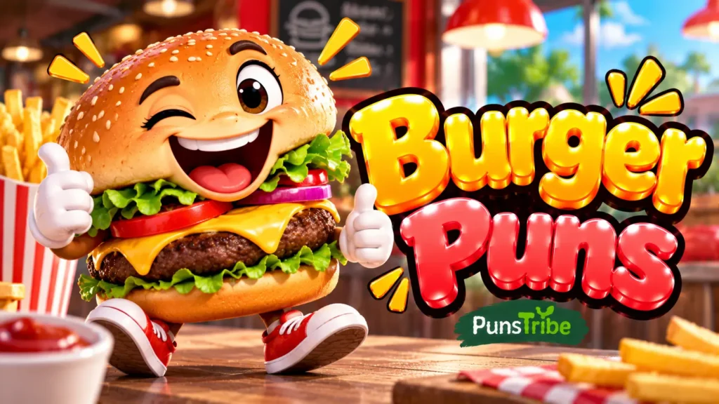 Burger Puns featured image with a smiling cheeseburger mascot, golden 3D text, and crispy fries