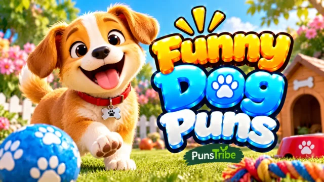 Funny Dog Puns featured image with a cheerful puppy, colorful dog toys, and bold glossy 3D typography