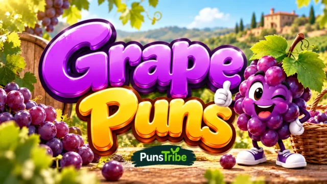 Grape Puns featured image with glossy purple grapes, a playful grape mascot, and bold 3D typography