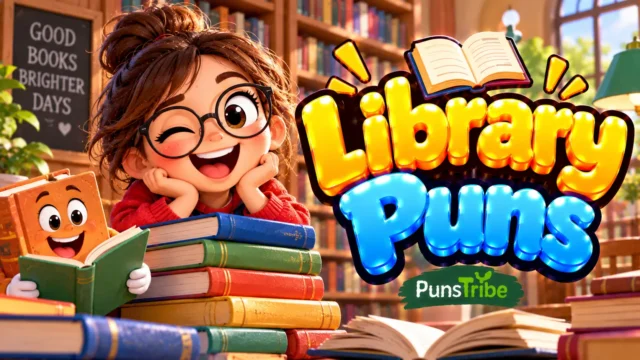 Library Puns featured image with a smiling book mascot, a happy reader, colorful books, and glossy 3D typography