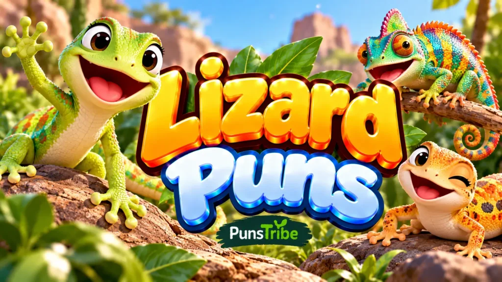 Lizard Puns featured image with colorful geckos, a chameleon, and bold glossy 3D typography