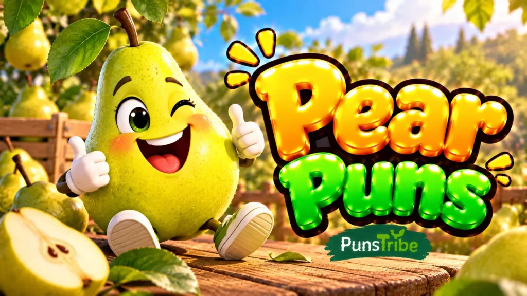 Pear Puns featured image with a cheerful cartoon pear and glossy yellow and green 3D typography