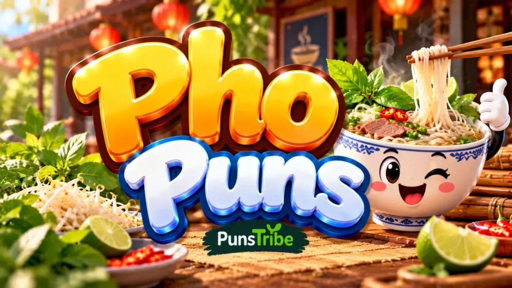 Pho Puns featured image with a smiling noodle bowl mascot, chopsticks, and bold 3D typography