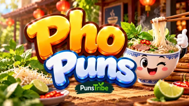 Pho Puns featured image with a smiling noodle bowl mascot, chopsticks, and bold 3D typography