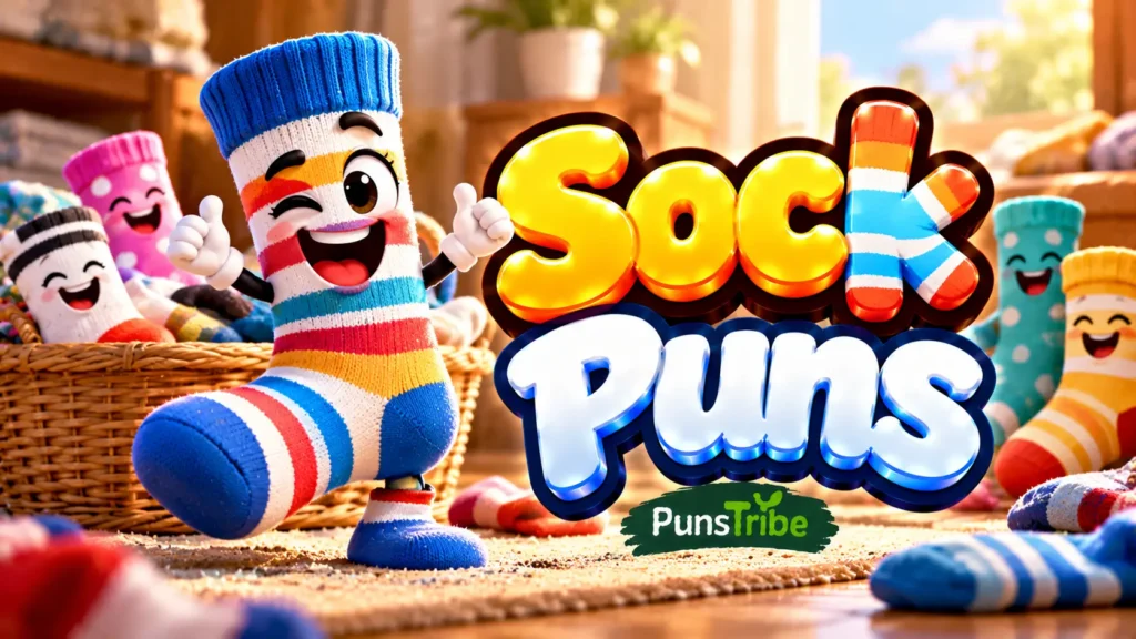 Sock Puns featured image with colorful smiling socks, a wicker laundry basket, and bold glossy 3D typography