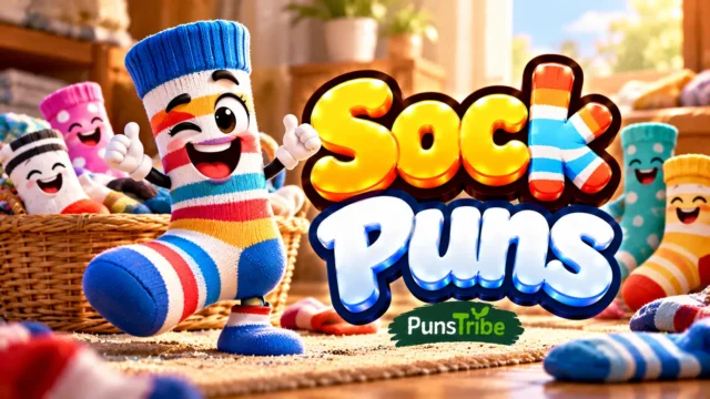 Sock Puns featured image with colorful smiling socks, a wicker laundry basket, and bold glossy 3D typography